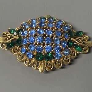 Lisner Brooch Vintage Blue Rhinestone Flower Silver Tone Pin